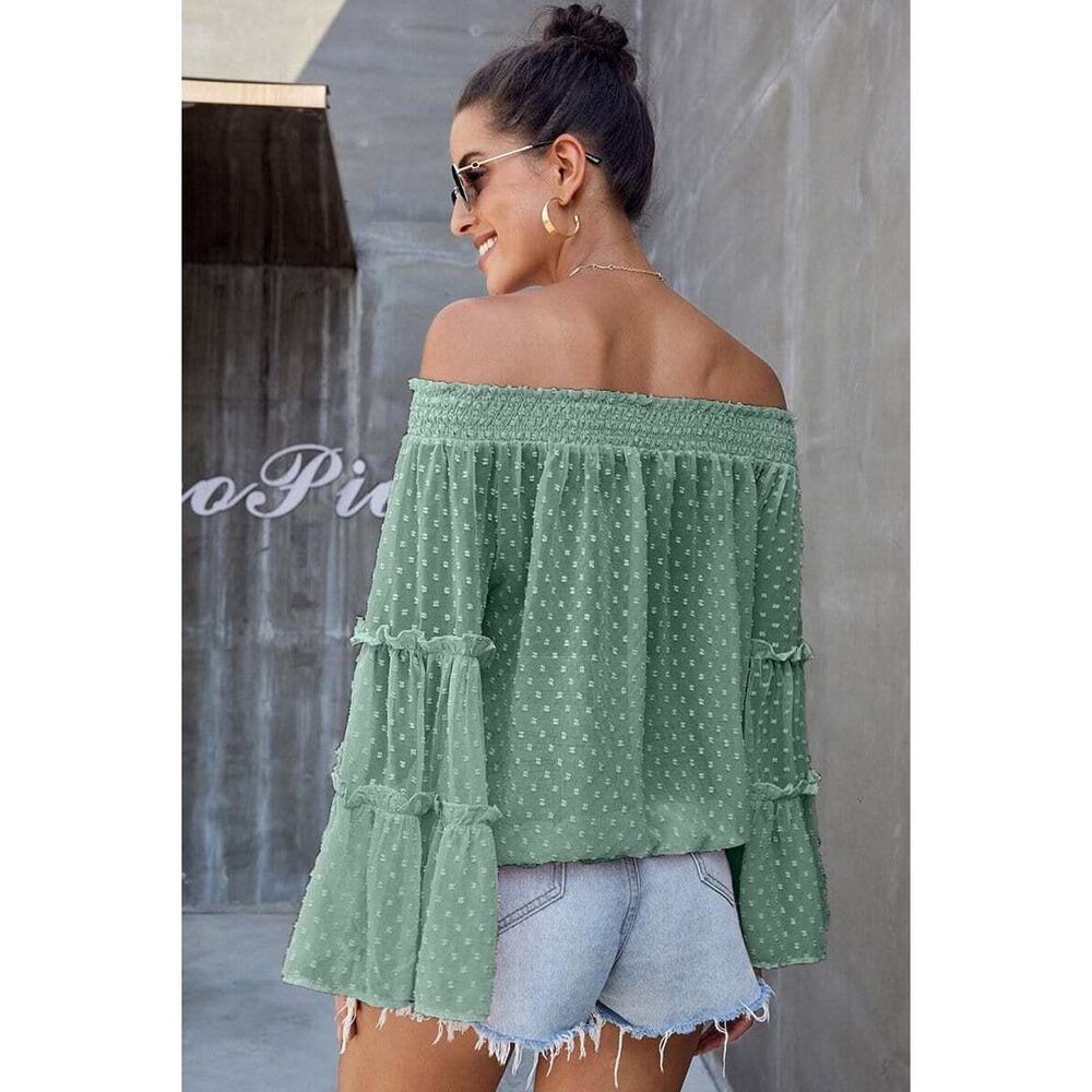 NEW Ninexis Sage Green Swiss Dot Off Shoulder Smocked Sleeve Summer Top Small - Picture 6 of 15